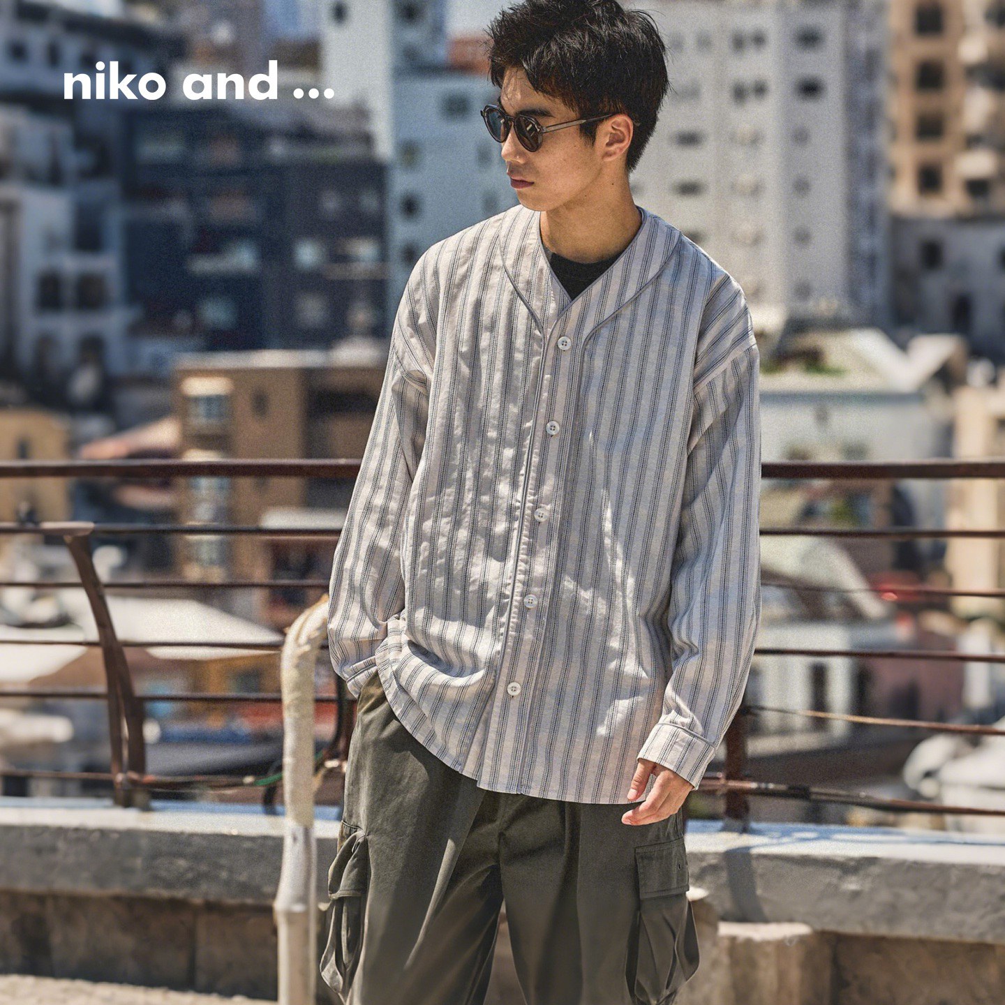 niko and ...衬衫男2025秋季新款休闲宽松条纹无领长袖开衫582551 - 图0