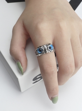 潮流时尚复古戒指绿眼猫头鹰守护者个性港味网红食指戒男女戒