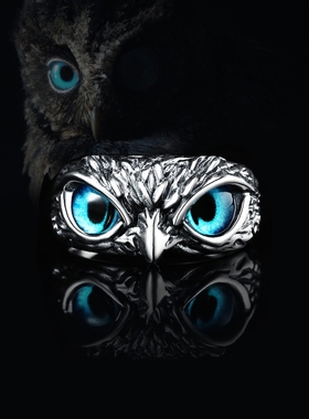 复古蓝色眼睛猫头鹰开口戒指创意可调节关节戒指女