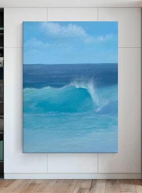 网红客厅蓝色饰海浪纯手绘油画玄关抽象大海景肌理画动态风海洋装