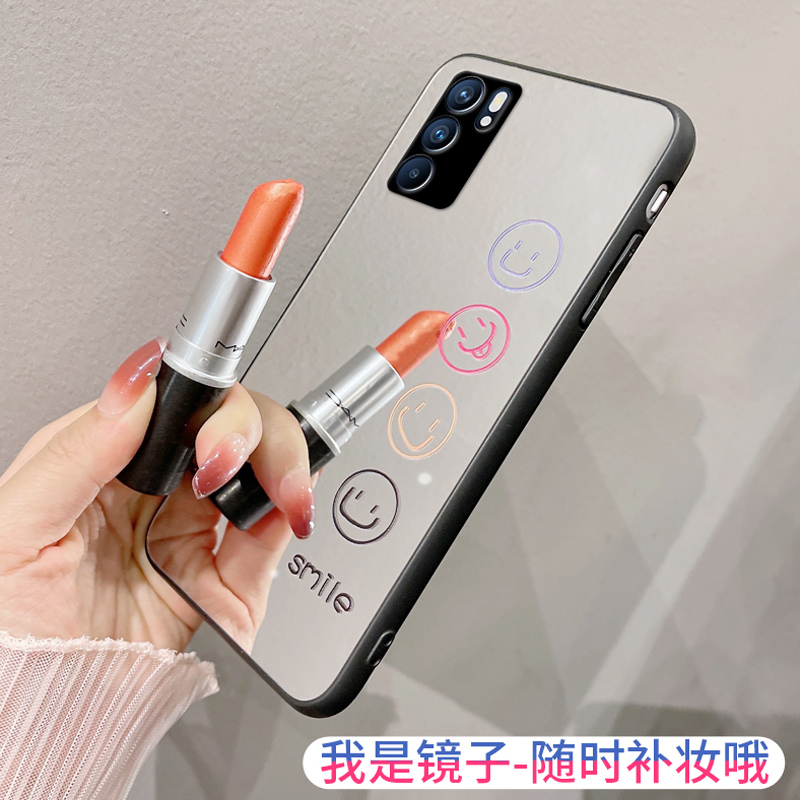 笑脸镜子玻璃镜面适用OPPORENO6PRO十+手机壳小众女款网红男款reno5手机外壳女2021新款个性ins风挂绳opop/5g-图1