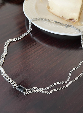 欧美黑色方块项链男钛钢不掉色