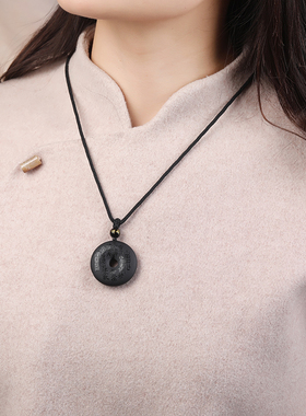 黑曜石平安扣吊坠山鬼花钱挂件