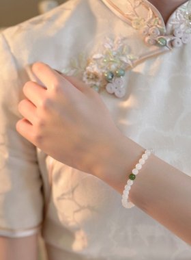 进口和田玉手链单圈6mm和田白玉搭配碧玉单珠女款简约小清新饰品