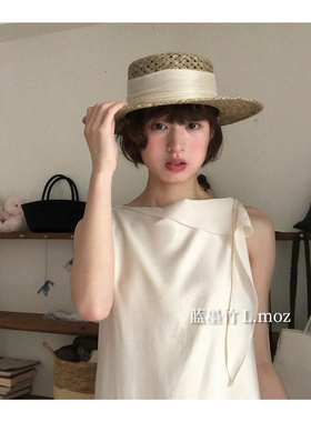 蓝墨竹L.MOZ法式老钱风平顶草帽2026新款遮阳帽女夏季防晒显脸小