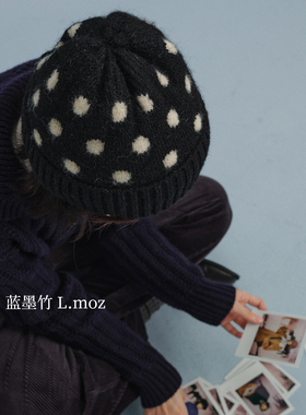 蓝墨竹 L.MOZ帽子女2026新款秋冬针织冷帽波点复古百搭显脸小黑色