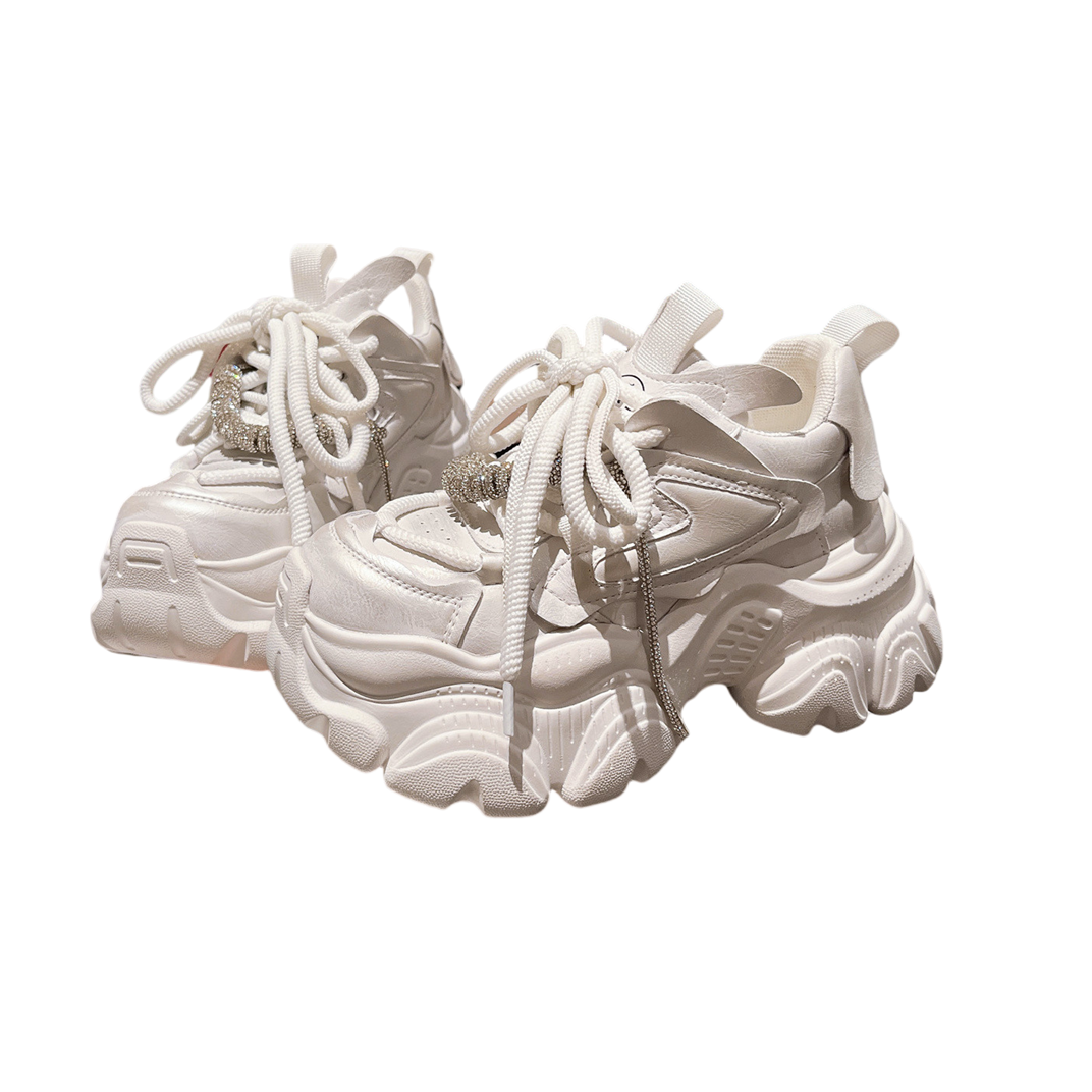 老爹鞋2025新款系带水钻珠光小白鞋厚底松糕休闲小个子运动鞋女鞋,淘宝优惠券,粉丝福利购,淘宝优惠卷