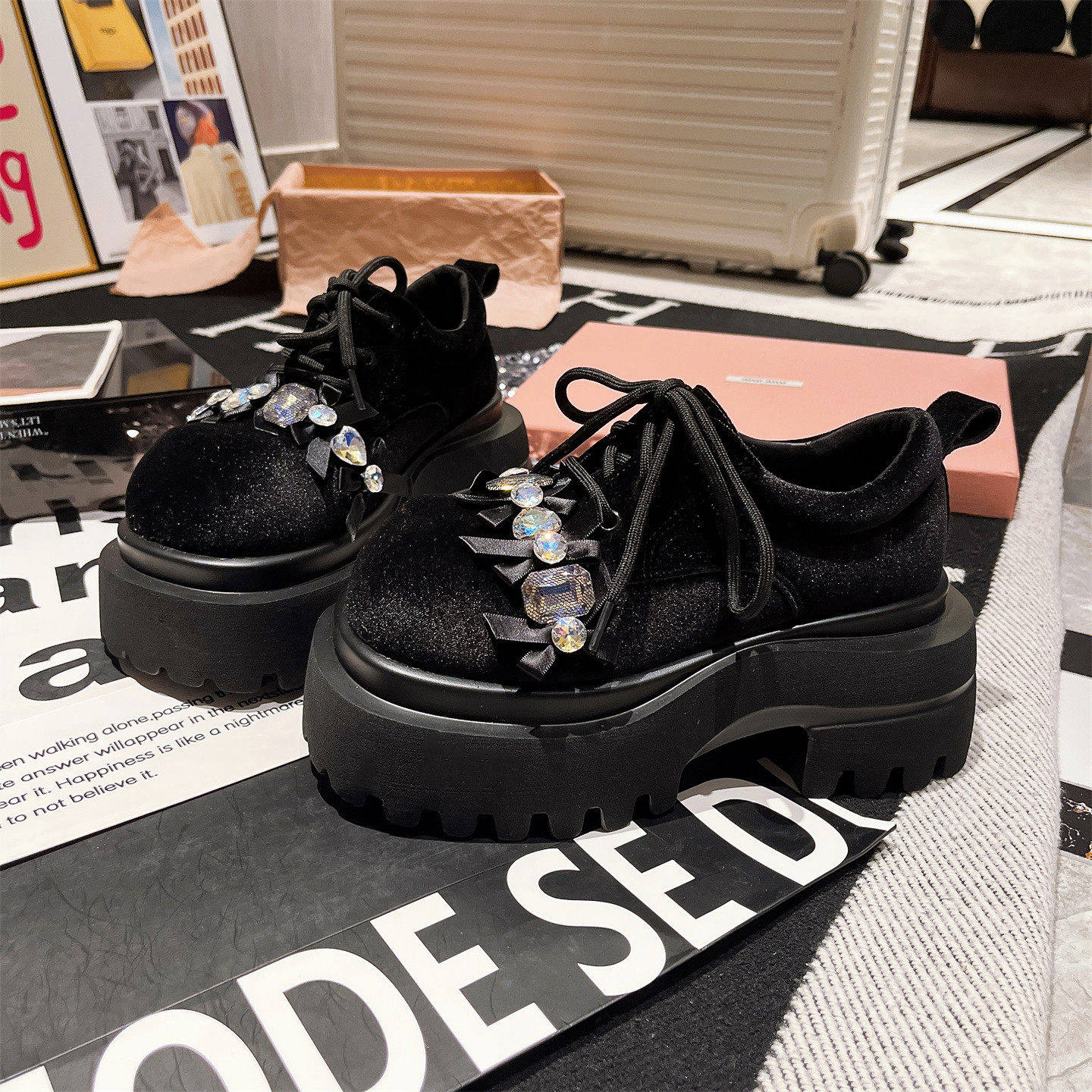 欧货金丝绒系带水钻大头重工蝴蝶结JK小皮鞋乐福鞋小个子7cm女鞋,淘宝优惠券,粉丝福利购,淘宝优惠卷