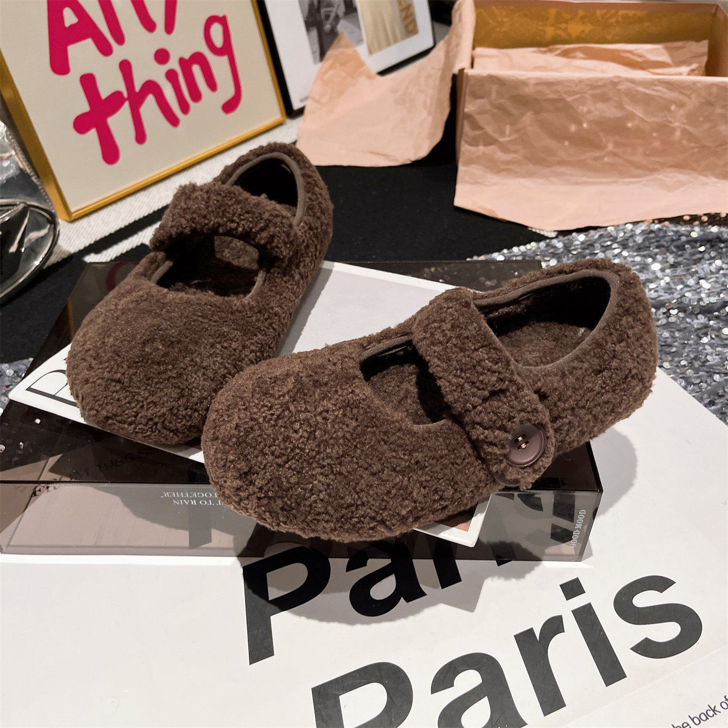 羊毛版~欧货一字扣玛丽珍浅口勃肯鞋大头豆豆鞋红色平底毛毛鞋女,淘宝优惠券,粉丝福利购,淘宝优惠卷