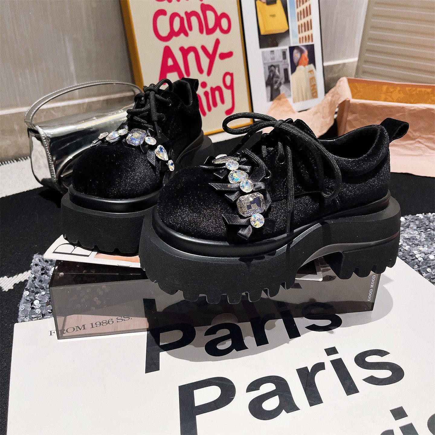 欧货金丝绒系带水钻大头重工蝴蝶结JK小皮鞋乐福鞋小个子7cm女鞋,淘宝优惠券,粉丝福利购,淘宝优惠卷