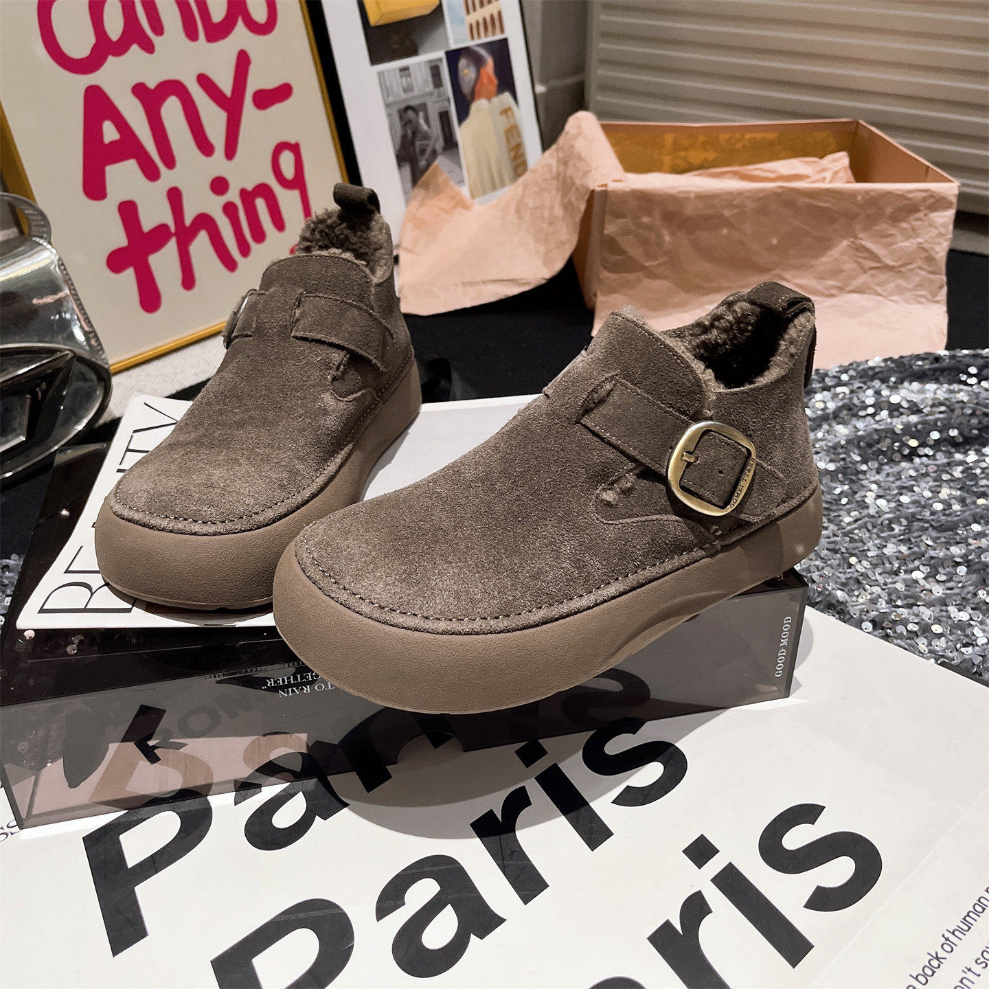 欧货冬季新款真皮羊毛金属扣高帮勃肯鞋雪地棉靴面包鞋平底鞋女鞋,淘宝优惠券,粉丝福利购,淘宝优惠卷