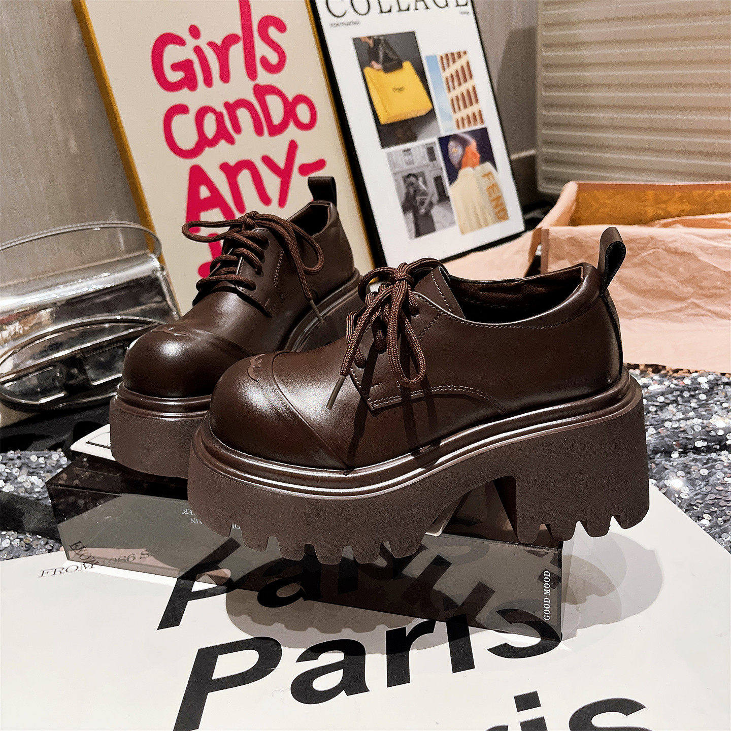 欧货真皮大头系带厚底松糕超高跟小个子7cm德比鞋乐福鞋小皮鞋女,淘宝优惠券,粉丝福利购,淘宝优惠卷