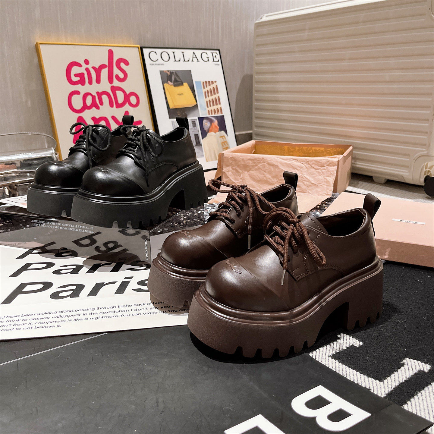 欧货真皮大头系带厚底松糕超高跟小个子7cm德比鞋乐福鞋小皮鞋女,淘宝优惠券,粉丝福利购,淘宝优惠卷