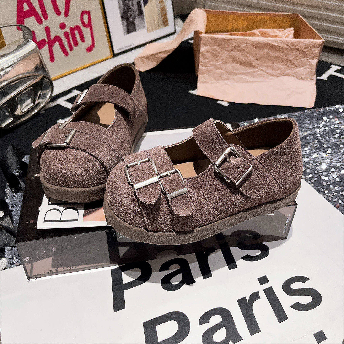 真皮版~大头卡皮巴拉金属扣一字玛丽珍浅口面包勃肯鞋内增高女鞋,淘宝优惠券,粉丝福利购,淘宝优惠卷