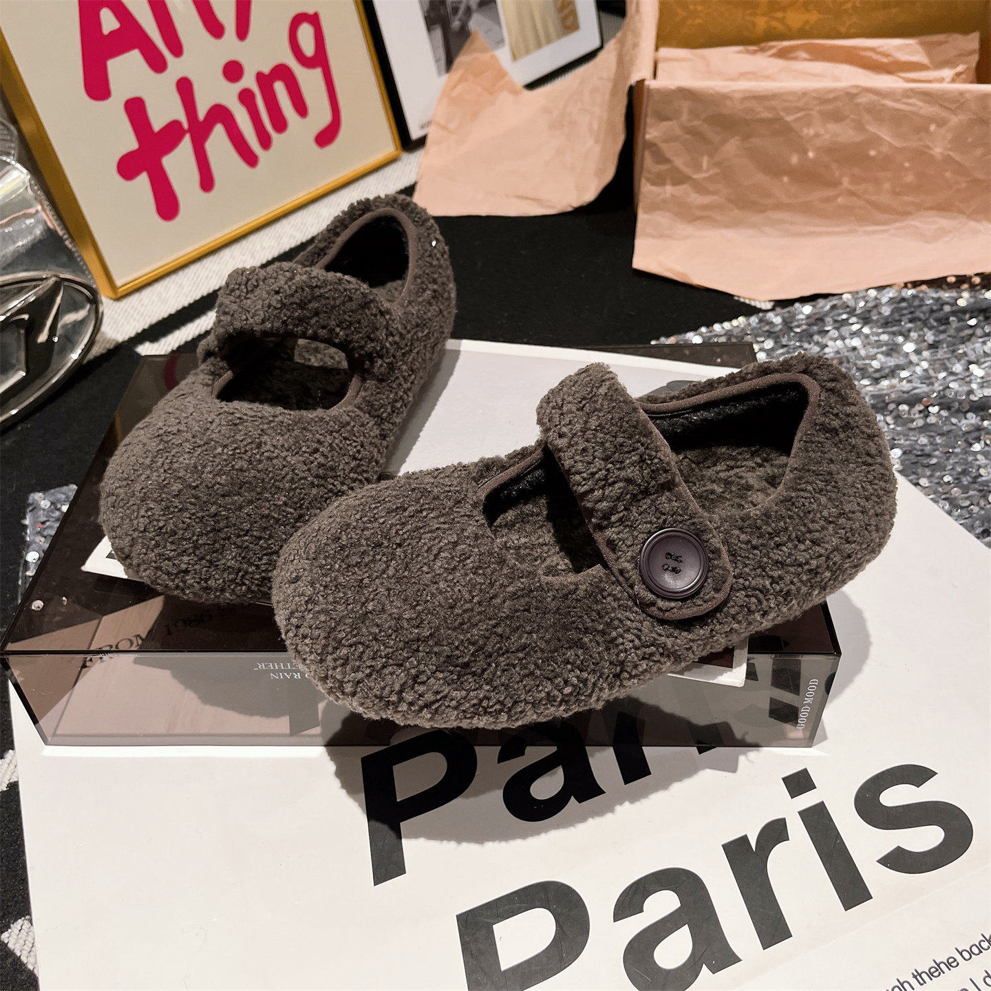 羊毛版~欧货一字扣玛丽珍浅口勃肯鞋大头豆豆鞋红色平底毛毛鞋女,淘宝优惠券,粉丝福利购,淘宝优惠卷