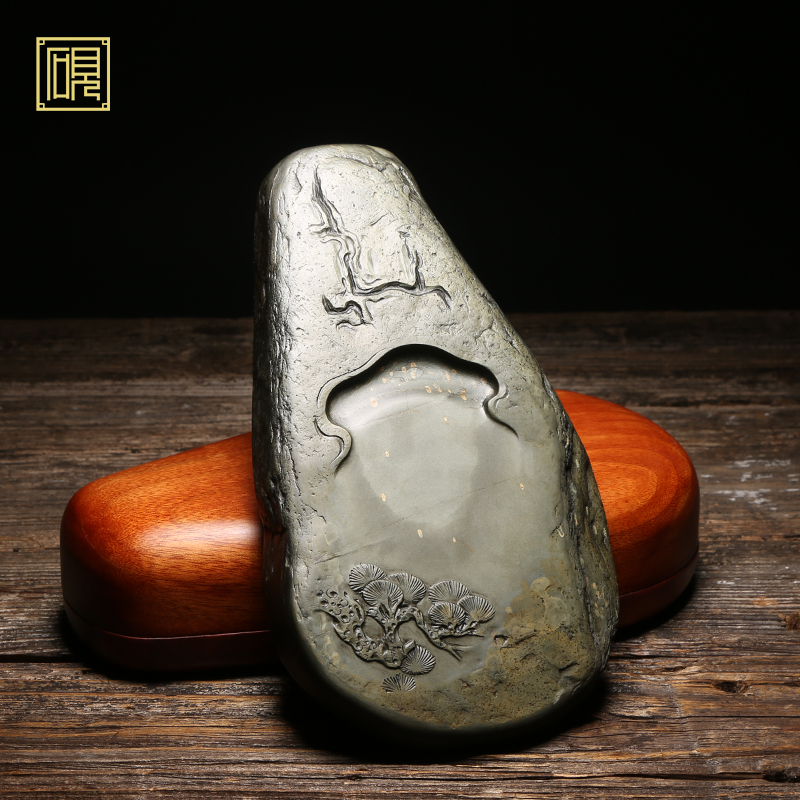 匠心非遗《古松砚》名师作品高档珍藏礼品天然原石黑龙尾文房四宝歙砚端砚老坑砚台手工雕刻书法专磨墨块用
