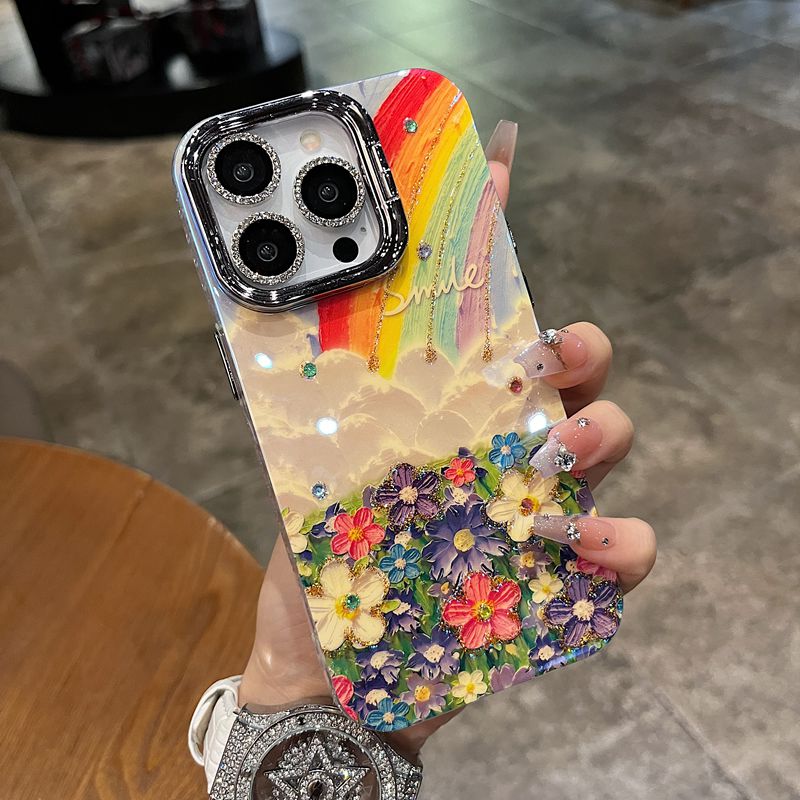 适用苹果系列iPhone16新款手机壳15promax大孔支架镜框升级款14pro/13promax油画彩虹花海配镜头膜网红保护套