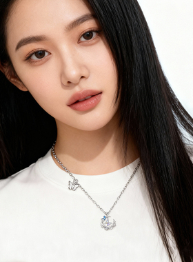 S999足银蝴蝶伴月项链女