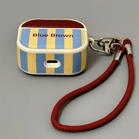 Suitable for Airpods pro3 headphone protective case, leather contrasting color stitching striped Apple headphone case, AirPods1/2 generation/3 protective case with lanyard, airpods4 Bluetooth headphone case, female model