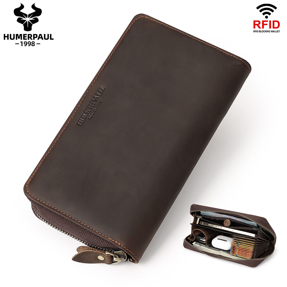 悍马保罗RFID头层牛皮复古拉链多卡位真皮男士长款钱包抽带手拿包,淘宝优惠券,粉丝福利购,淘宝优惠卷