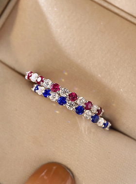 口莫桑石群镶蓝白相间戒指