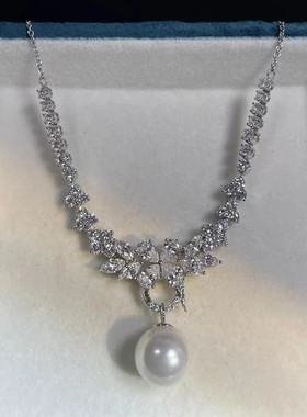 莫桑石天然淡水珍珠满钻繁花项链