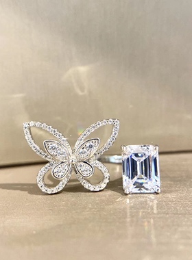 纯银蝴蝶戒指方糖开口不对称