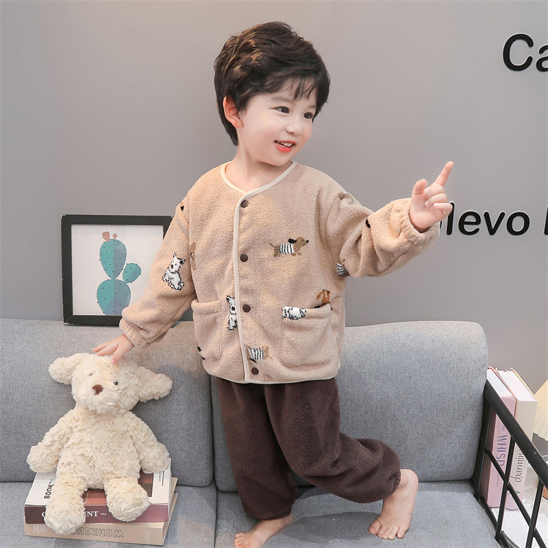 男童睡衣套装2025新款珊瑚绒宝宝秋冬款儿童开衫法兰绒保暖家居服 - 图0