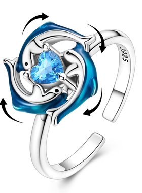 MYBEBOA美缤宝戒指女款2026新款旋转海豚亲子戒指开口戒可调节独