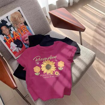 Summer Girls Sunflower Positive Shoulder Cotton Short Sleeve T-Shirt Summer 2024 New Children's Style Half Sleeve Top