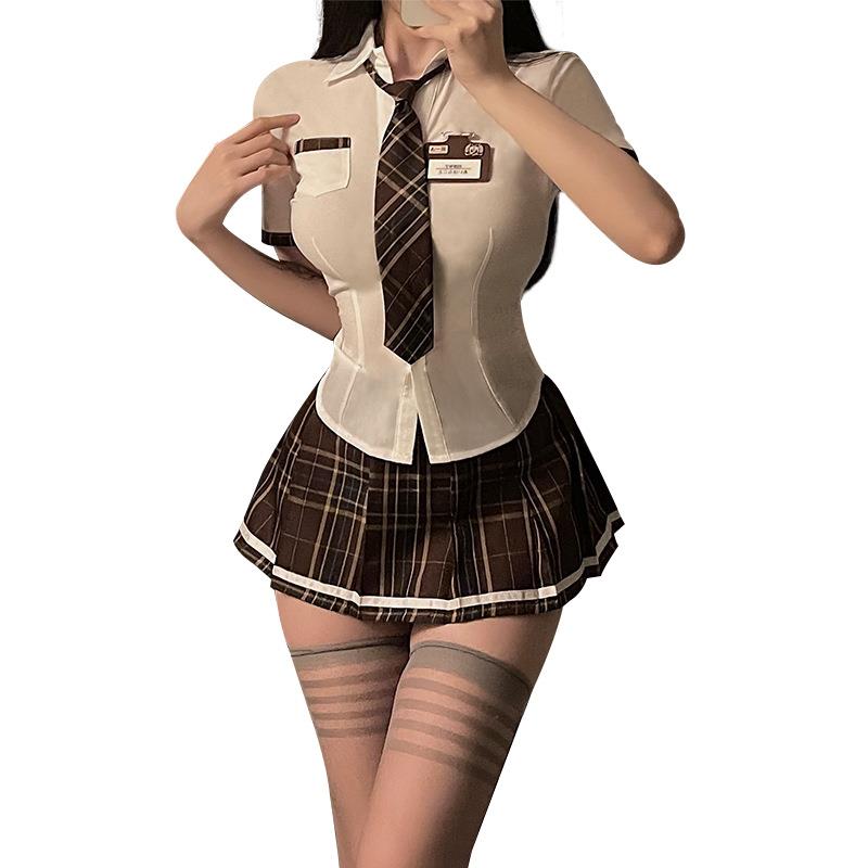英伦日系短袖领带衬衫格子裙高腰超短裙纯欲套装JK学生团体制服女