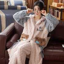 Autumn-winter coral suede adorable thickened plush medium-long burqa with pants flannel suede home Sleeping Robe Suit