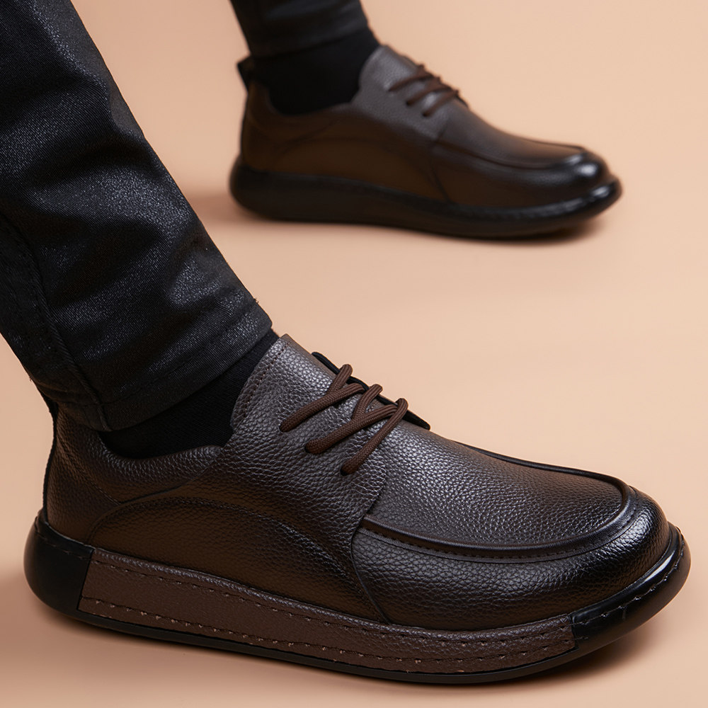 真皮休闲皮鞋男2025冬季新款软皮厚底增高透气商务系带平底德比鞋 - 图0