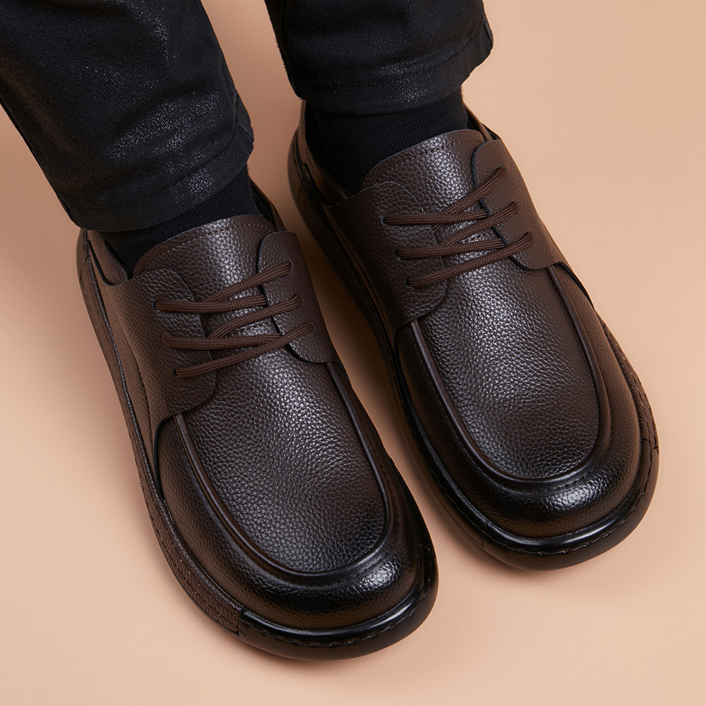 真皮休闲皮鞋男2025冬季新款软皮厚底增高透气商务系带平底德比鞋 - 图2