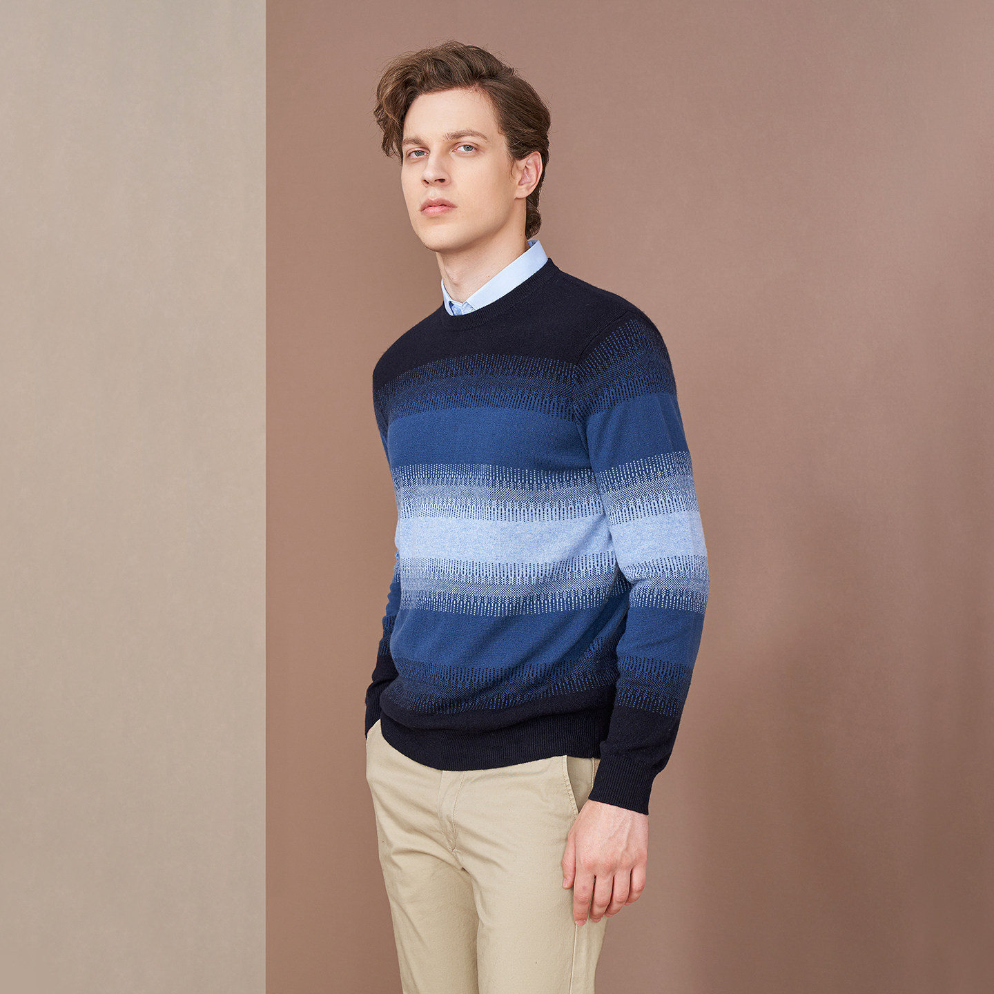 鹿王羊绒衫男士圆领渐变撞色提花保暖简约百搭男套头衫春秋新款,淘宝优惠券,粉丝福利购,淘宝优惠卷