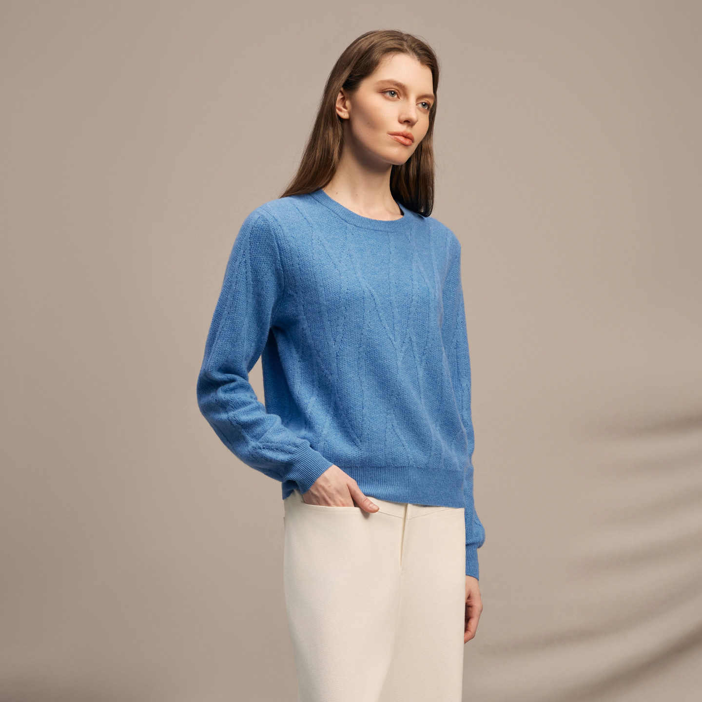 鹿王100%山羊绒衫女圆领菱形格纯色针织衫毛衣内搭保暖25年秋冬新,淘宝优惠券,粉丝福利购,淘宝优惠卷