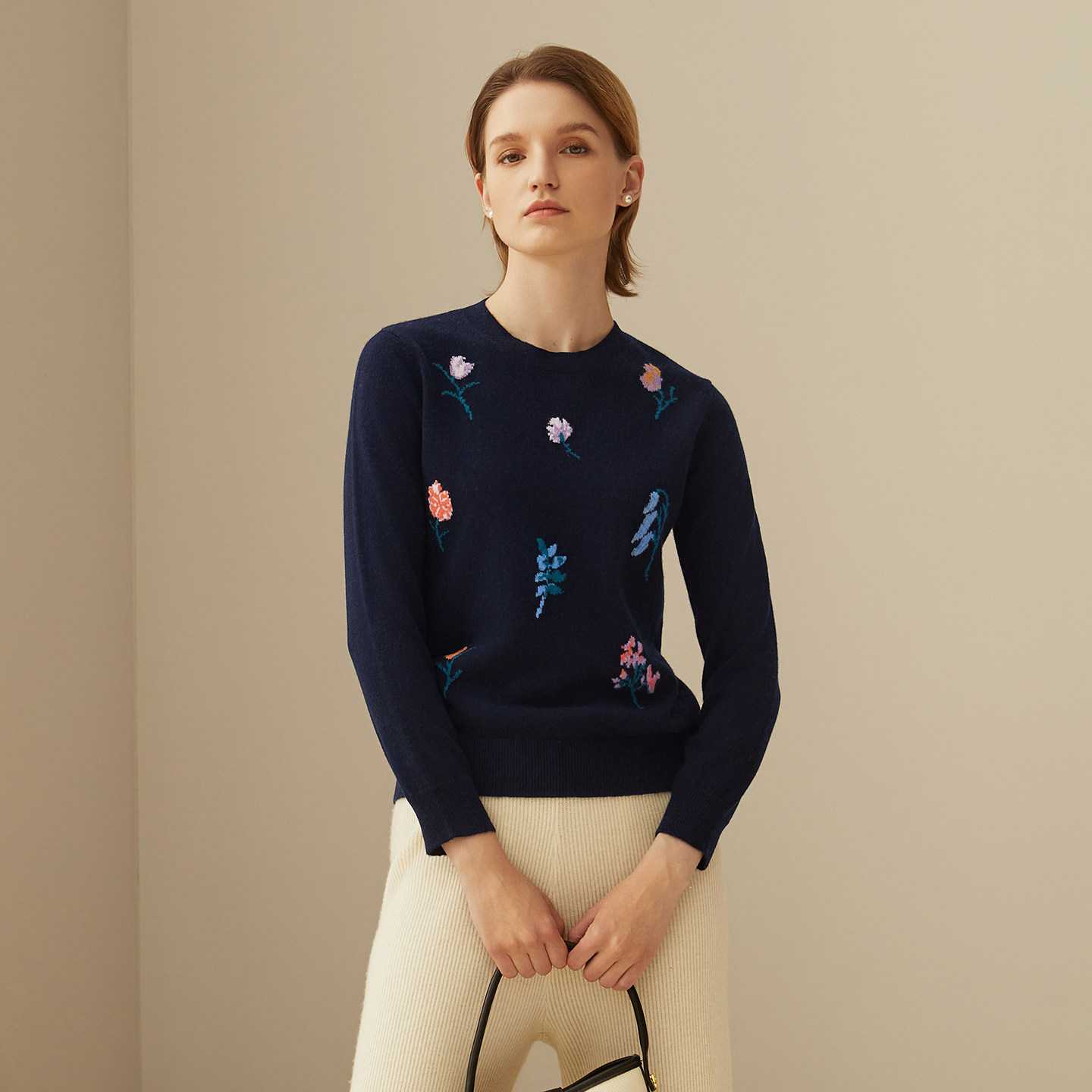 鹿王100%纯山羊绒衫女士圆领打底提花保暖针织毛衣套衫秋冬新款,淘宝优惠券,粉丝福利购,淘宝优惠卷