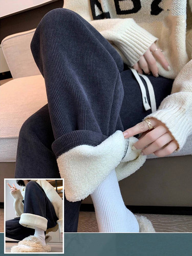 2025秋冬新款羊羔绒针织阔腿裤休闲宽松加绒加厚针织直筒拖地裤 - 图0