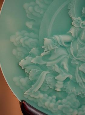 龙泉窑青瓷黄财神青壁国风摆件玄关客厅装饰品乔迁礼品定制