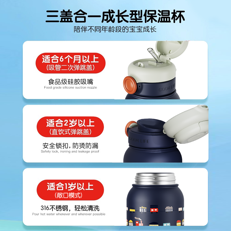 GOOM儿童保温杯饮水杯子壶男女孩上学专用宝宝吸管幼儿园生日礼物