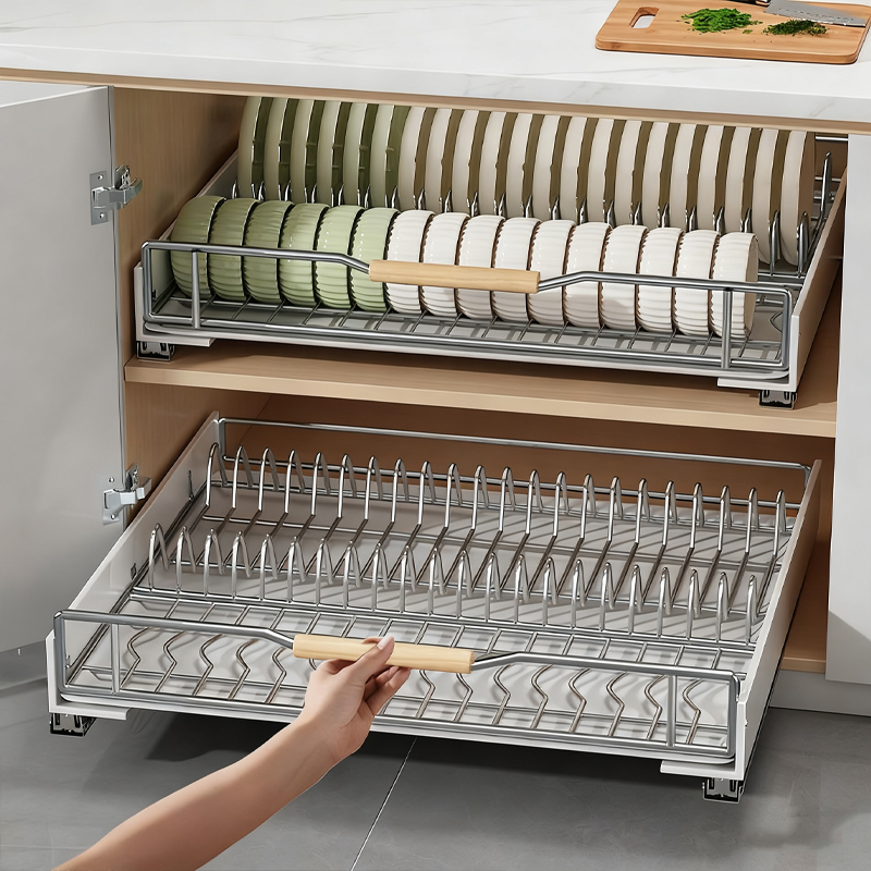 不锈钢厨房碗碟收纳架橱柜内置物架抽屉式免安装抽拉碗篮沥水架子 - 图0
