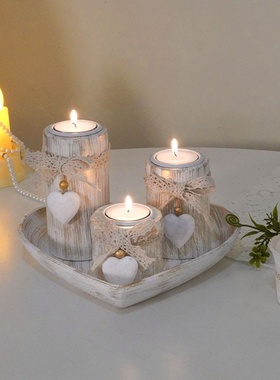 跨境新款仿古木制爱心烛台套装茶蜡托蜡烛台室内家居工艺品摆件