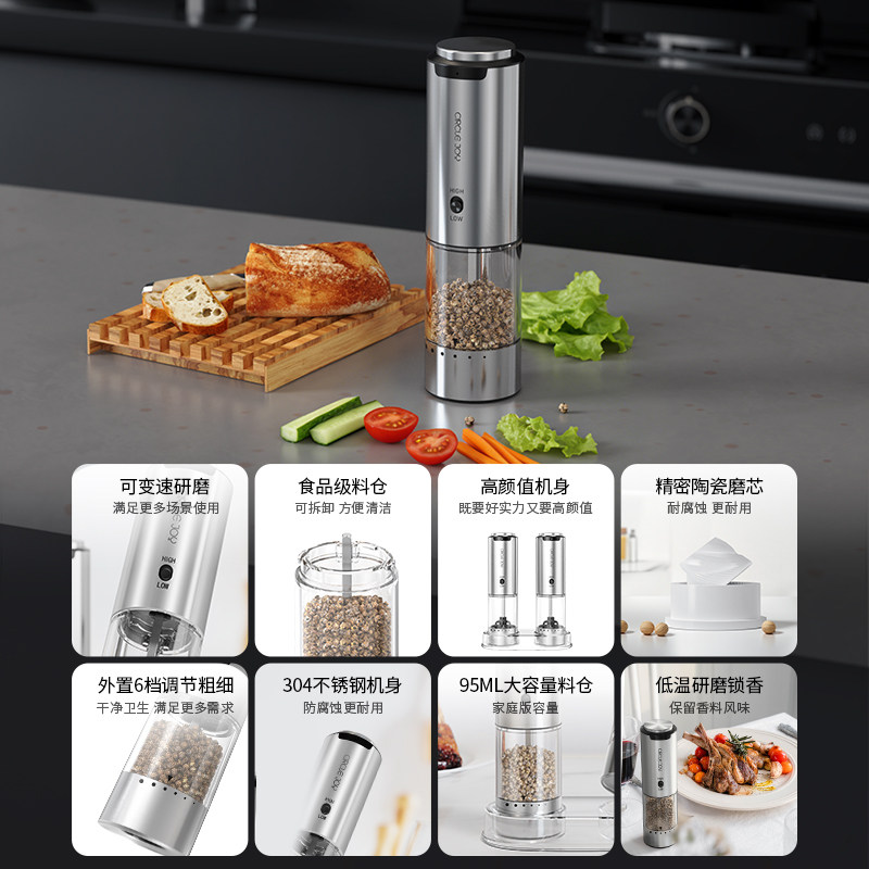 Circle Joy圆乐电动胡椒研磨器厨房海盐调料瓶罐盒黑胡椒粒研磨器,淘宝优惠券,粉丝福利购,淘宝优惠卷