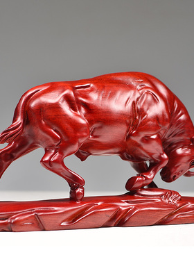 红色实木质雕刻牛摆件客厅拓荒牛开拓牛吉祥物化解办公桌红木礼品