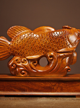 金龙鱼木雕动物摆件客厅工艺品