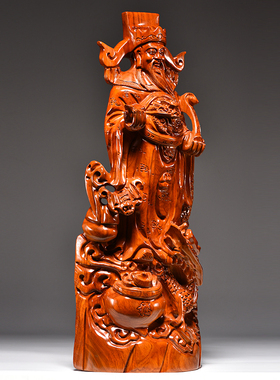 花梨木雕财神爷像摆件红木腾龙聚宝盆财神爷家居客厅玄关开业送礼