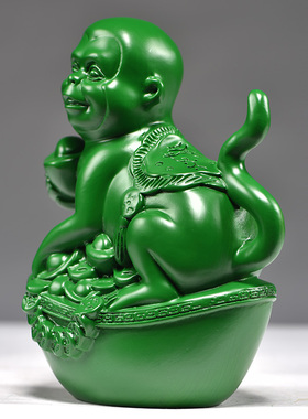 绿色木雕刻猴摆件生肖木质马上封猴实木质家居装饰红木工艺品送礼