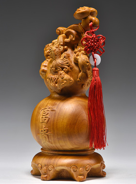 香樟木雕刻葫芦福禄摆件