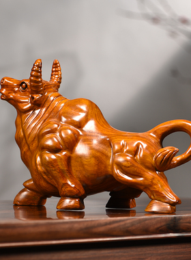 花梨木雕牛摆件实木质动物生肖家居客厅装饰办公开业红木工艺礼品