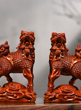 雕刻实木质一对家居客厅麒麟摆件